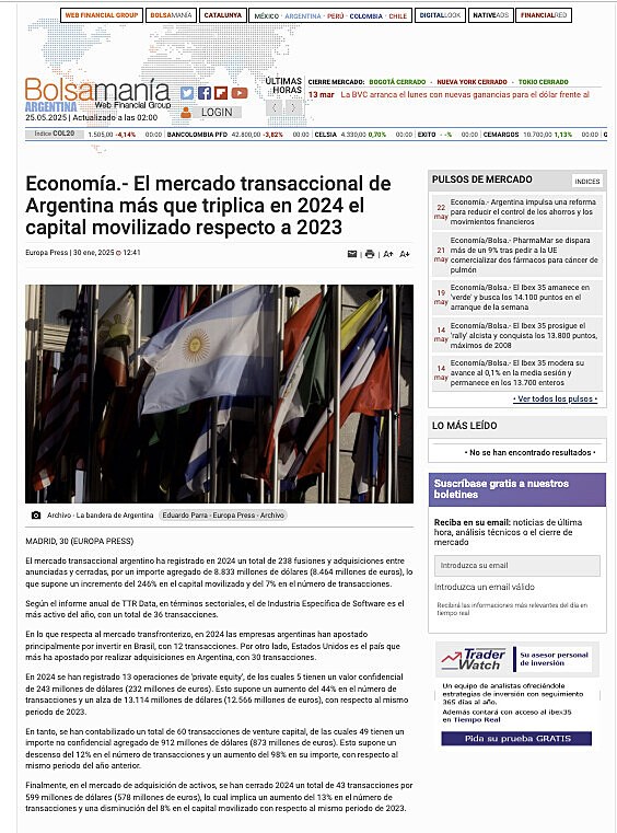 Economa.- El mercado transaccional de Argentina ms que triplica en 2024 el capital movilizado respecto a 2023